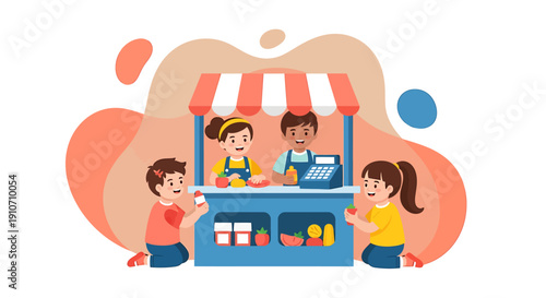 Children enjoy shopping at a colorful market stall illustration.