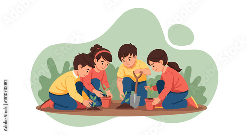 Children planting seeds together in a garden outdoors.