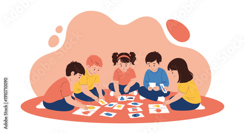 Children Playing Card Game Together Sitting on Floor.
