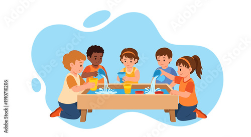 Diverse group of young children playing together at a water table.