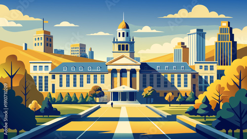 Very beautiful minimalist maize and blue university campus background featuring clean architectural lines, soft daylight, and a calm academic atmosphere in Ann Arbor, Michigan.
