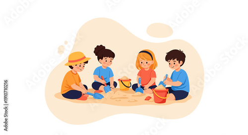 Four diverse children playing together in a sandbox with toys.