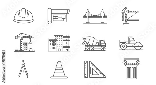 Collection of Construction and Architecture Icons Featuring Building Equipment and Structures for Industry and Engineering Projects