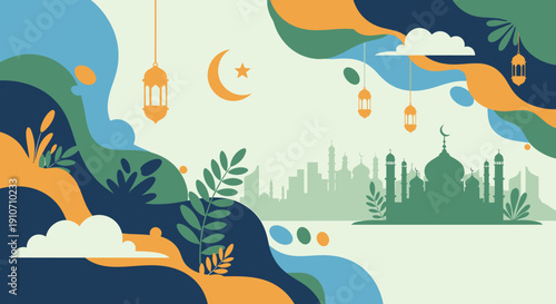 Islamic cultural elements and mosque silhouette illustration.