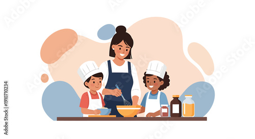 Mother teaching children baking in the kitchen together.