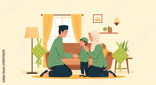 Muslim family celebrating Eid al-Fitr together at home.