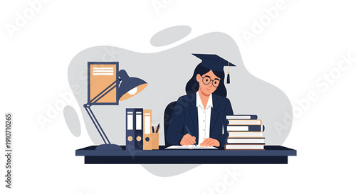 Student wearing graduation cap studying at desk with books and lamp.