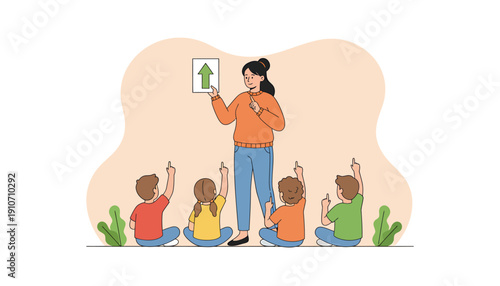 Teacher holding up a green arrow sign to attentive young students raising hands.