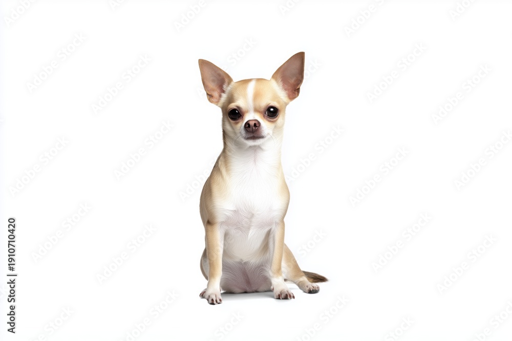 Obraz premium Small chihuahua sits on a white background looking straight ahead with ears perked up and body upright