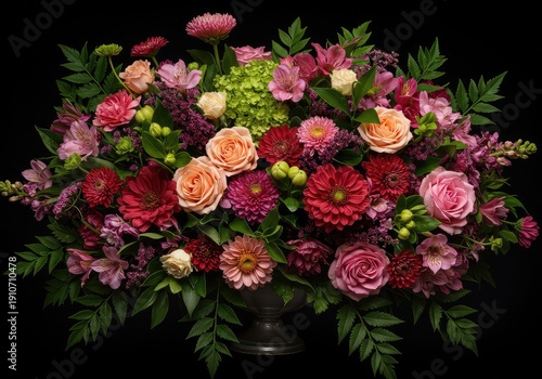 A stunning, abundant, and richly colored close-up of a vibrant floral arrangement featuring diverse blossoms and lush green foliage ,nature ,background ,natural