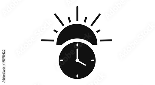Simple Black Clock Icon with Sun Symbol.