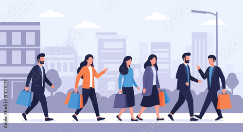 Diverse group of people walking with shopping bags in city.