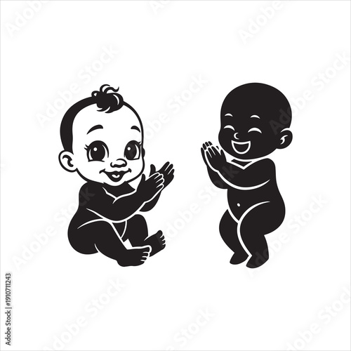 Vintage style black and white illustration depicting two happy babies clapping their hands