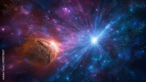 Epic Space Abstract Background Featuring a Burning Comet and Celestial Flash with Blue and Purple Starfield Galaxy