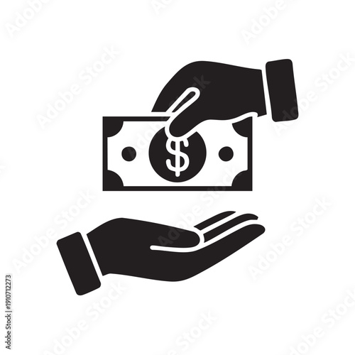A graphic representation of a monetary transaction between two hands, one giving and the other receiving a banknote with a dollar sign, symbolizing financial exchange and commerce.