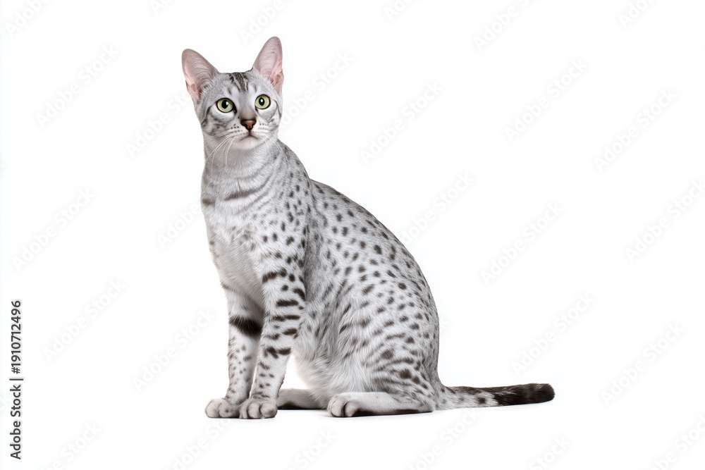 Naklejka premium Elegant silver-spotted egyptian mau cat sitting gracefully against a bright white backdrop showcasing its striking features