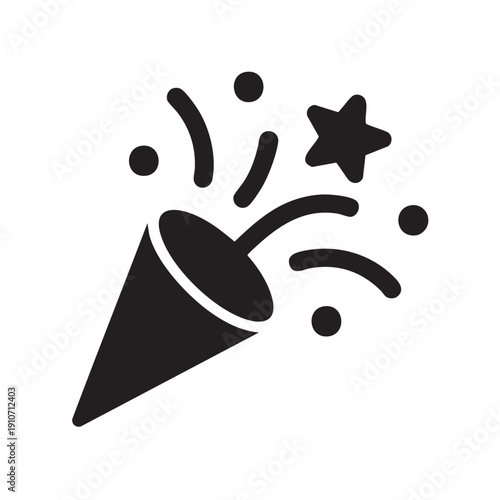 Celebratory party popper exploding with star and confetti, viewed from a slight angle, illustrating joy and festivity in a simple graphic representation