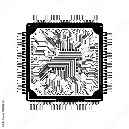 Black and White CPU Chip Vector Illustration, Detailed Circuit Lines and Pins, Minimalistic Technical Flat Design