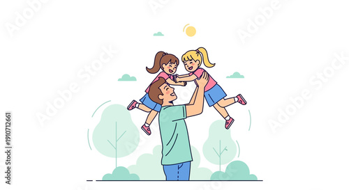 Father and daughters playing in the park joyful family moment.