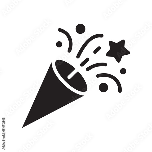 A black party horn with confetti and a star bursting out, viewed from a slight angle, celebrating a festive occasion in a simple graphic illustration style