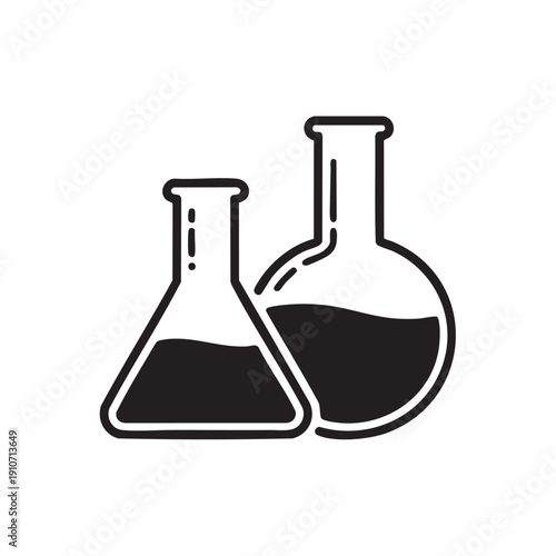 Laboratory equipment illustration featuring conical and round flasks with dark liquid contents on a plain background from a straightforward viewpoint