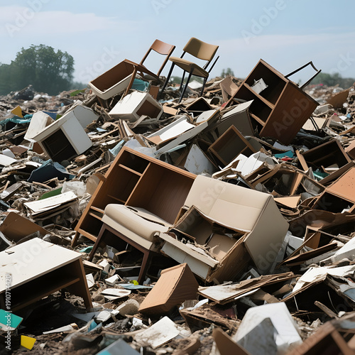 Pile of discarded furniture and debris at junkyard under blue sky  