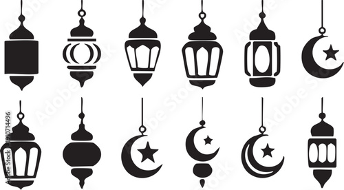 Elegant collection of ramadan lanterns and crescent moons a set of decorative islamic elements for festive celebrations and cultural designs in black and white