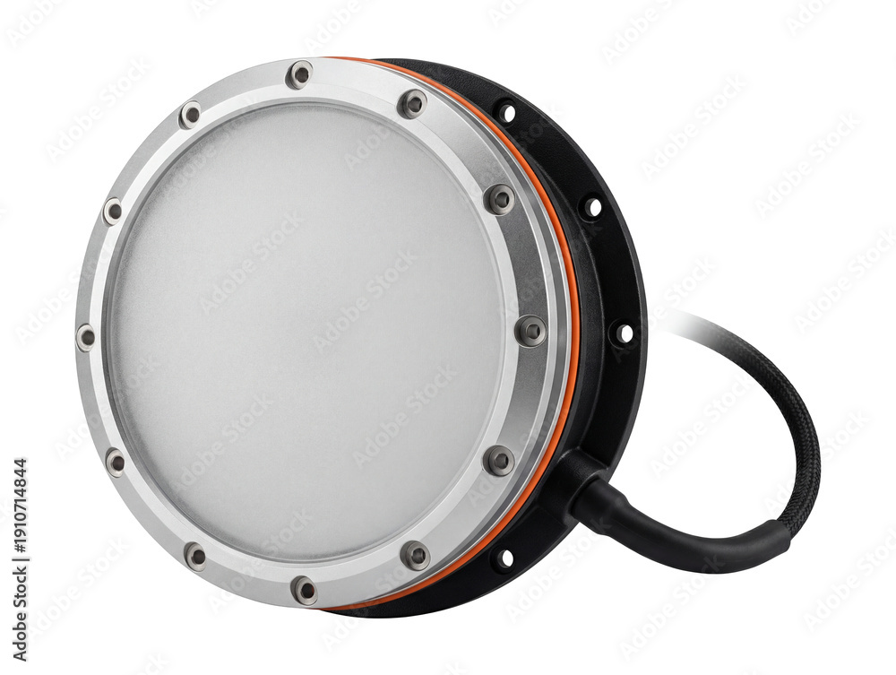 Naklejka premium Circular light panel with frosted lens and multiple mounting holes.
