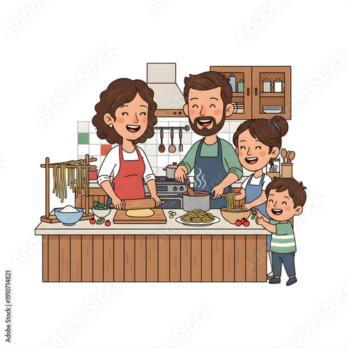 family cooking noodle together in kitchen, joyful expressions, vector caricature