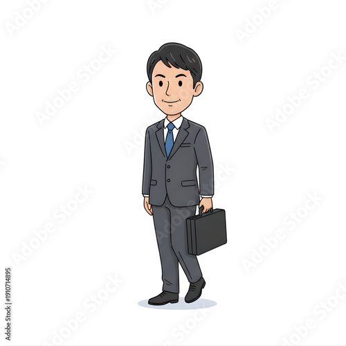 office worker commuting with briefcase, polite posture, vector caricature