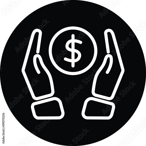 Savings icon white line art on black circle background vector