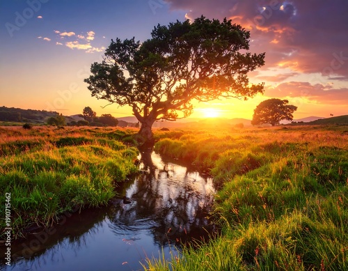 Serene Sunset Landscape with Tree and Reflective Stream.