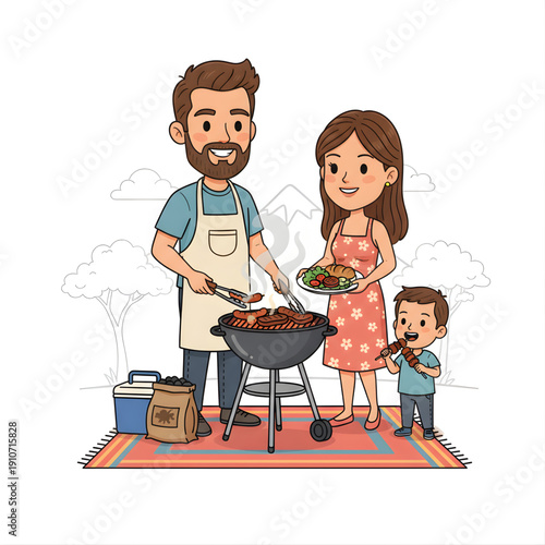 family enjoying braai barbecue, cheerful mood, vector caricature