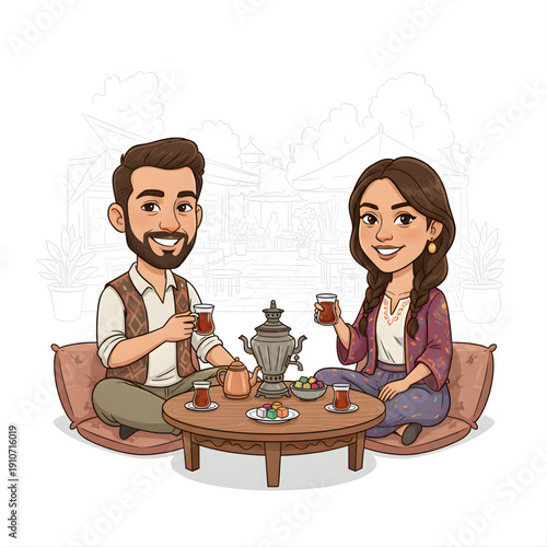 Turkish friends drinking tea together, relaxed posture, vector caricature