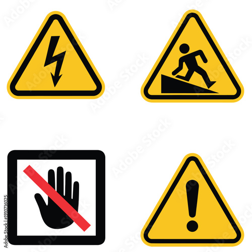 Safety warning symbols showing electrical danger, slippery floor, do not touch, and caution signs for hazard communication