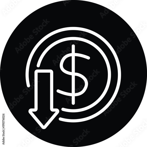Loss icon white line art on black circle background vector