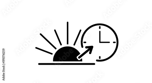 Simple Line Art Clock and Sun Icon.
