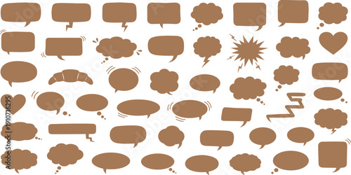 A collection of various brown speech bubbles and shapes on a white background