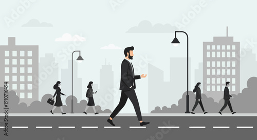 Man in Suit Crossing Street in Cityscape Illustration.
