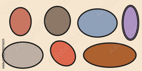 A collection of eight oval and circular shapes in various colors