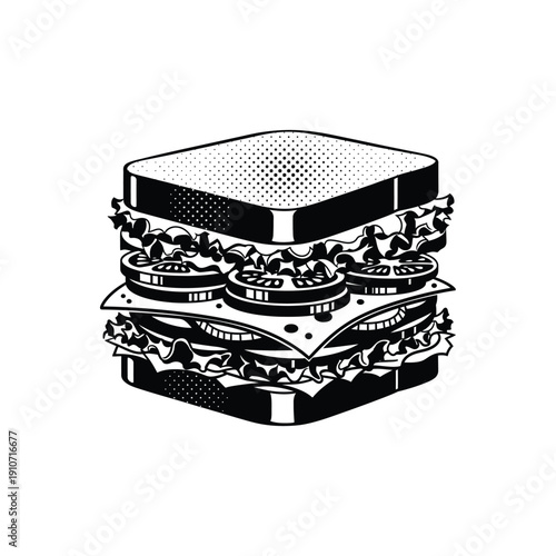 Black white sandwich illustration hand drawn comic style food icon graphic art