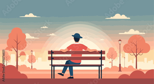 Man on Bench Contemplating Sunset A Moment of Peace and Reflection.
