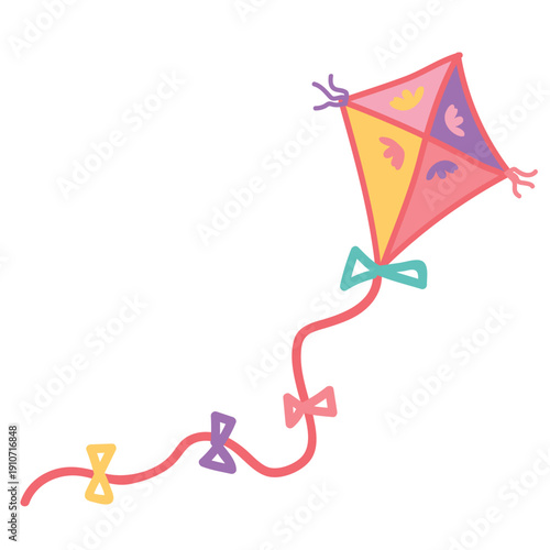 Colorful kite toy with ribbons flying in the sky. Summer outdoor activity and childhood freedom concept vector illustration