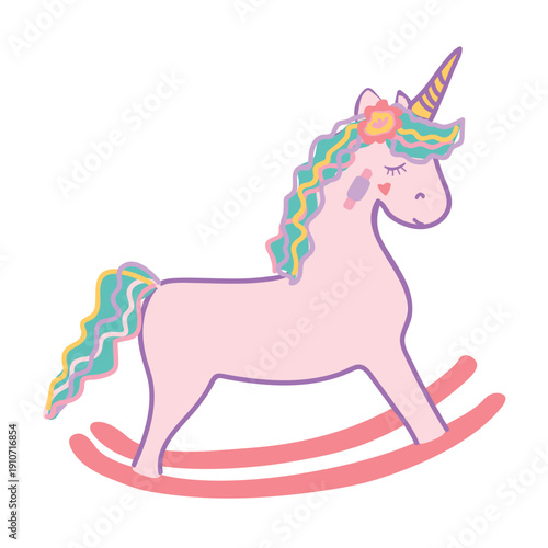 Cute rocking unicorn toy for nursery playroom. Magic wooden horse rocker for children bedroom decor and play vector.