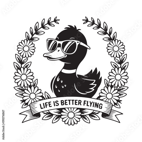 Happy duck with sunglasses and a festive wreath, announcing "Life is Better Flying" on a banner