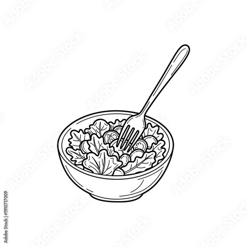 Fresh green salad in a bowl with fork hand drawn vector illustration line art