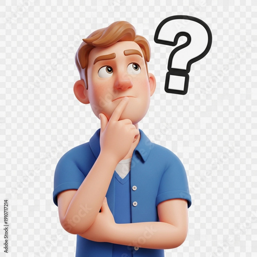 A cartoon man in a blue shirt with a question mark above his head looks puzzled