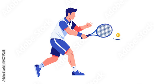 Dynamic male tennis player in action hitting a yellow ball with a racket.