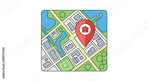 Stylized Map with Red Home Location Pin Icon for Property.
