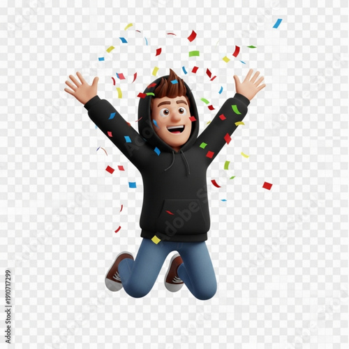 A cartoon man jumping in the air with confetti surrounding him